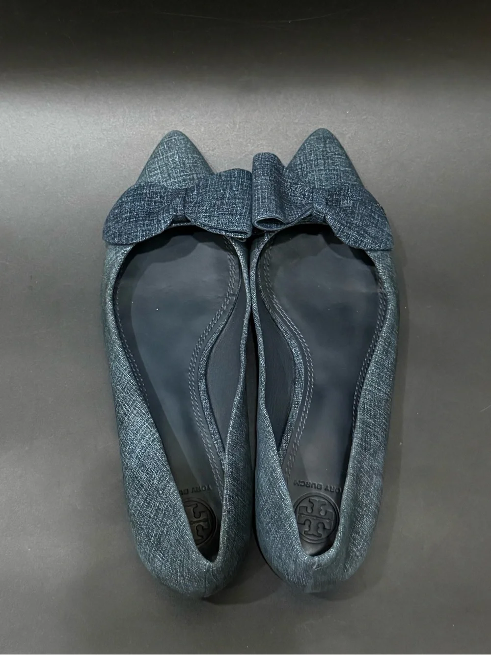 TORY BURCH Rosalind Navy Blue Denim Print Textured Suede Ballet Flats Size 8M